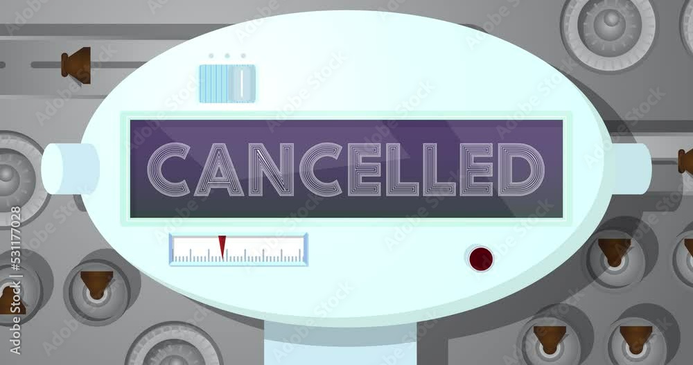 Poster robot eye showing cancelled text. animated video. future robotics cartoon animation.