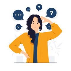 Thinking woman feeling confused holding mobile phone with question mark looking up with thoughtful focused expression concept illustration