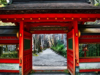 
日本の秋の神社の境内は紅葉に包まれます