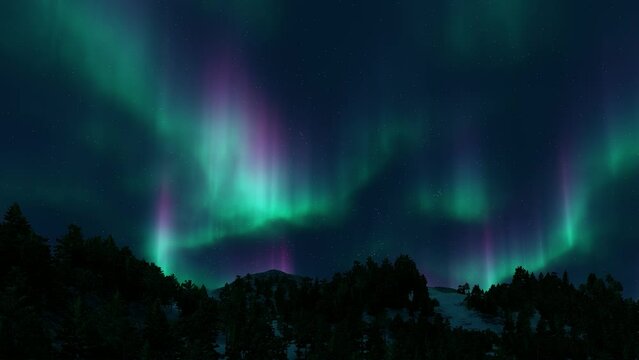 A beautiful green and red aurora dancing over the hills.