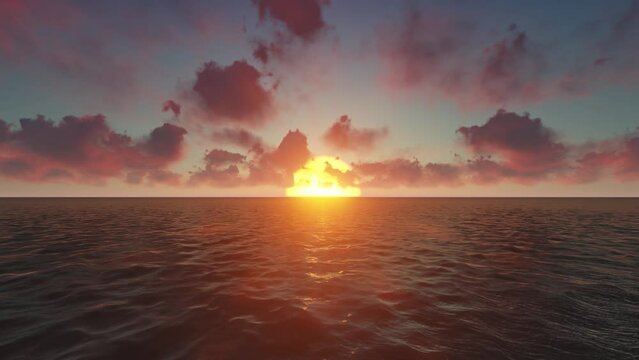 Ocean fly over, high speed animation just above the ocean waves facing the sun at sunset.