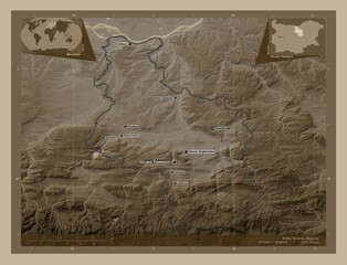 Veliko Tarnovo, Bulgaria. Sepia. Labelled points of cities