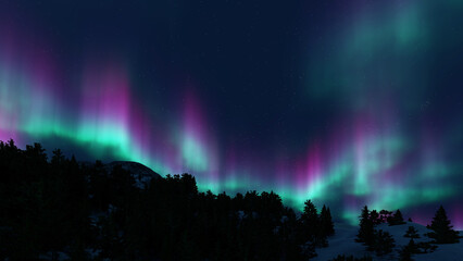 A beautiful green and red aurora dancing over the hills.