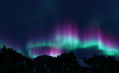 A beautiful green and red aurora dancing over the hills. - 531178679