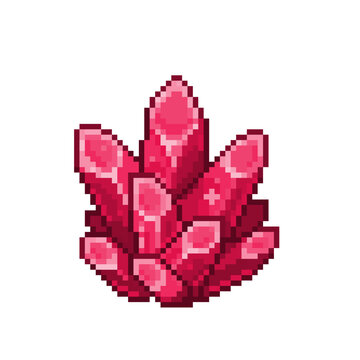 An 8-bit retro-styled pixel-art cartoon illustration of a red glowing crystal cluster geode.