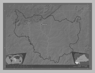 Cascades, Burkina Faso. Grayscale. Labelled points of cities