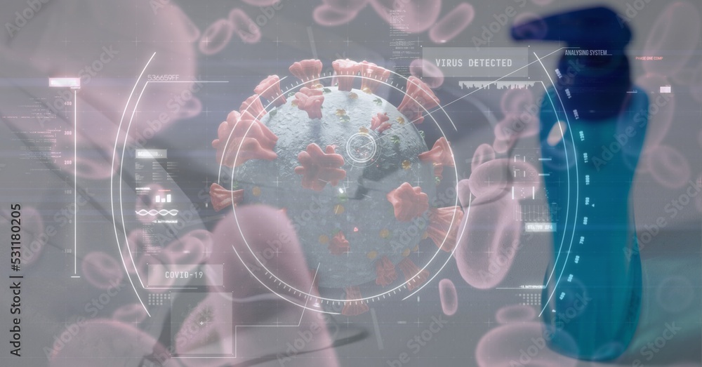 Poster scope scanning covid-19 cells against bottle of sanitizer in background