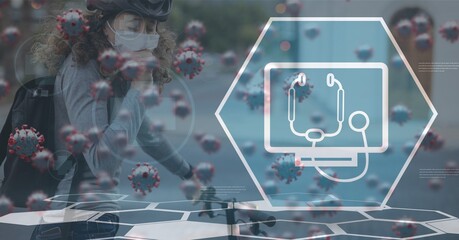 Covid-19 cells and medical icon against woman wearing face mask coughing