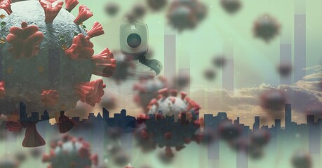 Covid-19 cells and electronic thermometer against cityscape