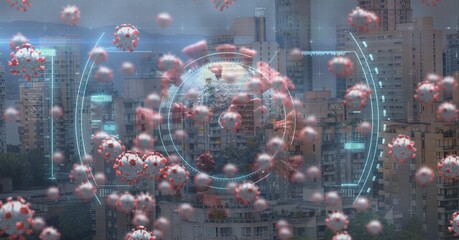 Scope scanning Covid-19 cells against cityscape