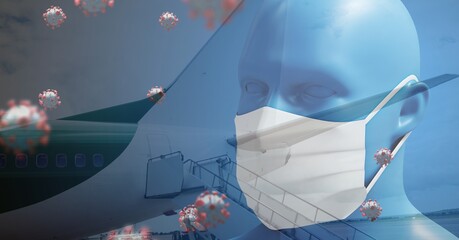 Covid-19 cells and 3D human head model wearing face mask against airplane