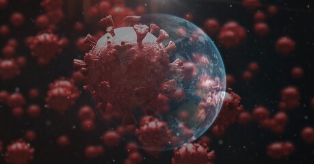 Naklejka premium Covid-19 cells and globe against black background