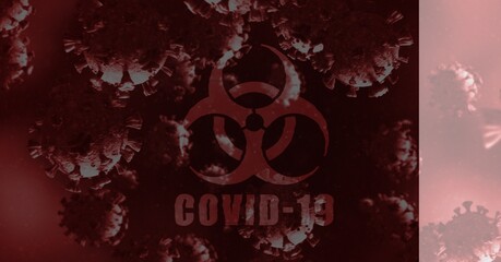 Hazard sign with Covid-19 text and Covid-19 cells against red background