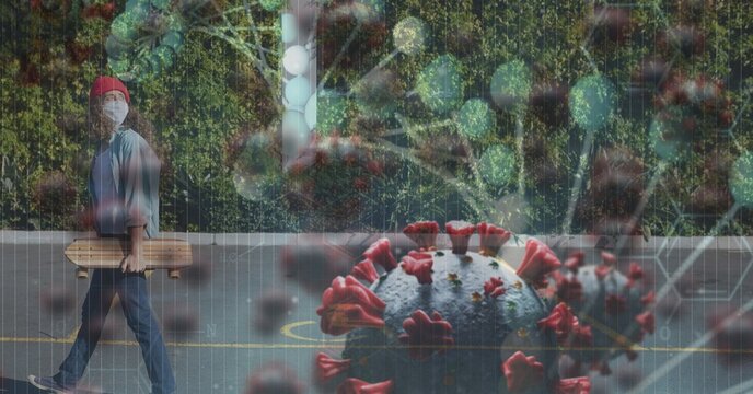 Covid-19 cells and chemical structures against woman wearing face mask holding skateboard