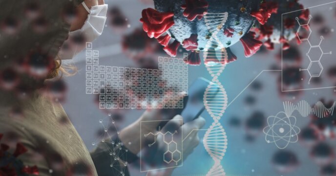 Covid-19 cells, DNA structure and periodic table against person using digital tablet - Powered by Adobe