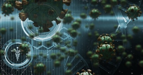 Medical and digital icons over green coronavirus Covid19 cells