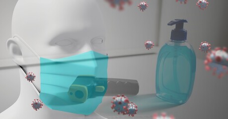 Fototapeta premium Macro coronavirus covid19 cells floating with 3D human wearing face mask and gel and thermometer gu