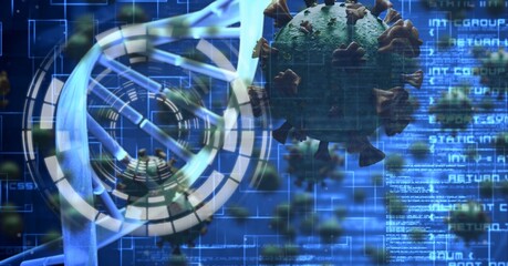 Macro coronavirus covid19 cells with data processing and scanning DNA strain on Blue background