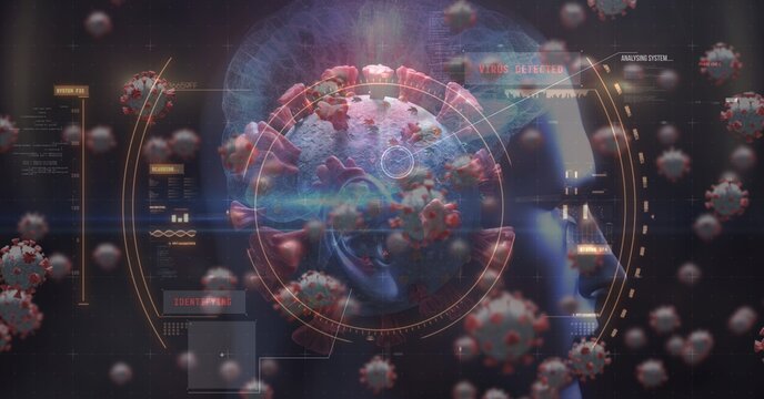 Scan of human brain with coronavirus covid19 cells inside and floating