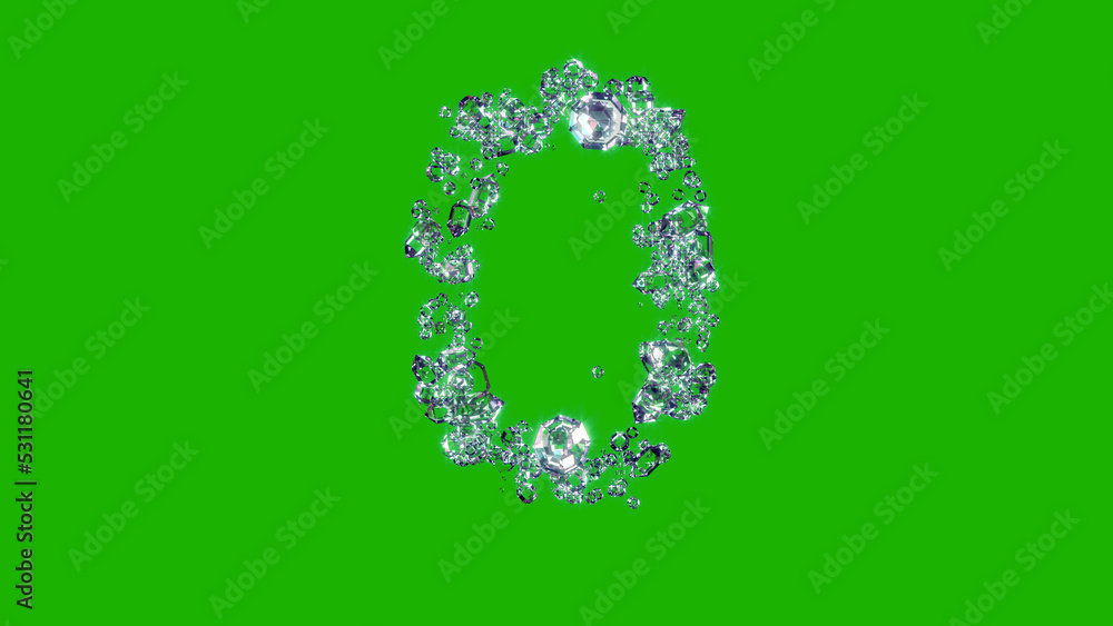Poster lighting clear brilliants font - number 0 on green screen, isolated - object 3d rendering
