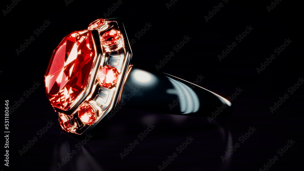 Poster dark silver ring with red ruby gemstones, isolated, fictitious design - object 3d rendering