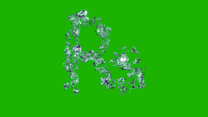 lighting clear diamonds alphabet - rupee symbol on chroma key screen, isolated - object 3D illustration