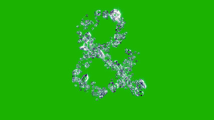 glowing transparent diamonds alphabet - ampersand on green screen, isolated - object 3D illustration