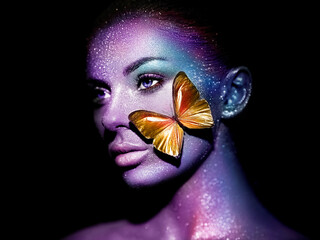 Beauty model woman with violet butterflyFashion model woman in bright sparkles and neon lights posing in studio. Portrait of beautiful woman with butterfly. Art design glitter glowing make up