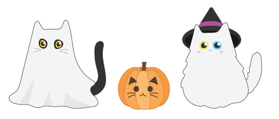 Cat in Halloween theme. Cat ghost, Jack-o'-lantern cat, cat with witch hat. Icon, vector set. Cute, hand-draw, cartoon.
