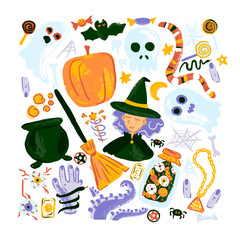 Fototapeta premium Halloween Sketch Set Isolated. Vector Illustration of Handdrawn Trick or Treat Holiday.