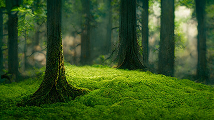 3D rendering. Beautiful green forest with big trees. CG artwork illustration