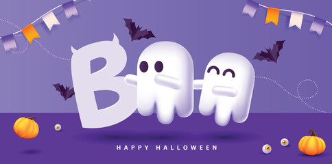 Halloween banner design with cute ghost boo typography and pumpkins Festive Elements Halloween