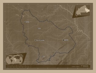 Est, Burkina Faso. Sepia. Labelled points of cities