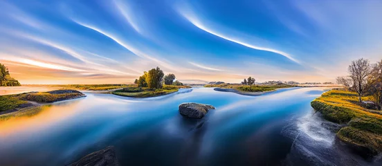 Schöne Landschaft mit Aquarellmalerei, blauem Himmel und Flusshintergrund. 3D-Darstellung © ardanz