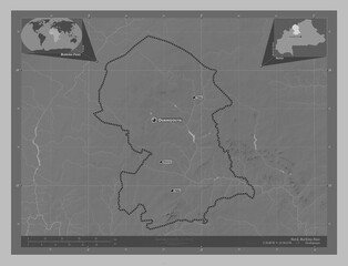 Nord, Burkina Faso. Grayscale. Labelled points of cities