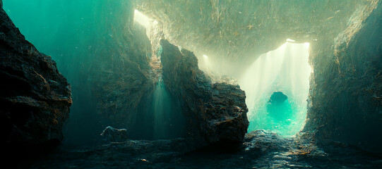 3D rendering. Exiting a cave Iridescent water cove. 3D artwork illustration