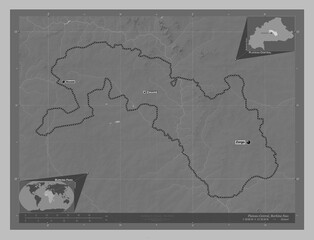 Plateau-Central, Burkina Faso. Grayscale. Labelled points of cities