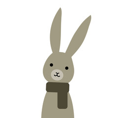 マフラーをしたグレーのうさぎ(笑顔)