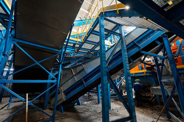 Complex system of inclined belt conveyors. Waste sorting plant