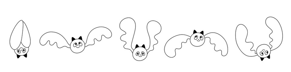Vector set of doodle happy cute flying bats.Outline.Kids halloween elements.Isolated on white background.