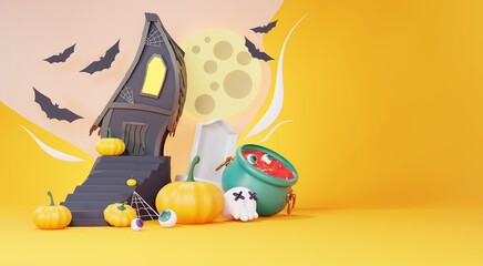 Obraz premium 3d Render, Happy Halloween Day background with night scene and cute spooky design. Halloween pumpkins, skull, ghost and spider decorations on dark purple background. Trick or Treat party celebrate.