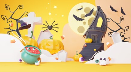 Obraz premium 3d Render, Happy Halloween Day background with night scene and cute spooky design. Halloween pumpkins, skull, ghost and spider decorations on dark purple background. Trick or Treat party celebrate.