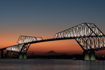 Bridge at sunset with Mount Fuji silhouette