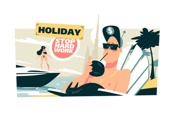 Guy relaxing on beach and enjoying cocktail