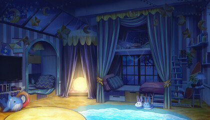 Anime background interior bedroom design with summer beach and winter night stars theme at night with the light on, Illustration version 04	