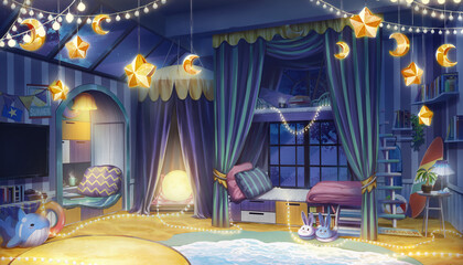 Anime background  interior bedroom design with summer beach and winter night stars theme at night with the light on ,  Illustration version 02