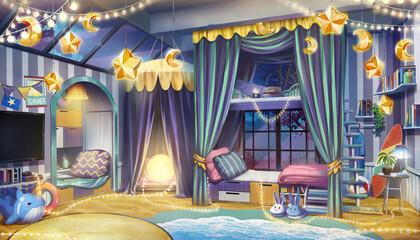 Anime background  interior bedroom design with summer beach and winter night stars theme at night with the light on,  Illustration version 01
