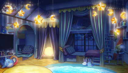 Anime background interior bedroom design with summer beach and winter night stars theme at night with the light on, Illustration version 03	
