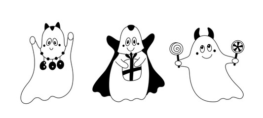 Vector doodle set of cartoon kind ghosts.Collection of festive cute childish halloween cliparts.Outline.Isolated on white background.
