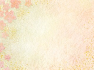 桜の花を散らした淡い色合いの和紙背景イラスト